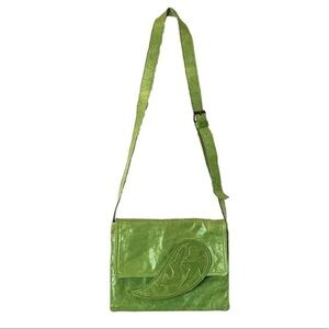 Bekaloo Paris Green Leather Crossbody Bag Paisley Embossed Strap Boho Festival